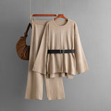 New knitted belt top loose high - waisted wide - leg pants two - piece set - Negative Apparel