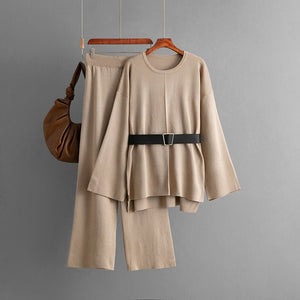New knitted belt top loose high - waisted wide - leg pants two - piece set - Negative Apparel