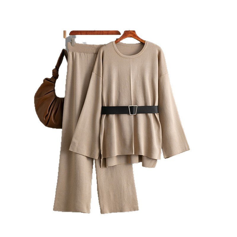 New knitted belt top loose high - waisted wide - leg pants two - piece set - Negative Apparel