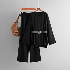 New knitted belt top loose high - waisted wide - leg pants two - piece set - Negative Apparel