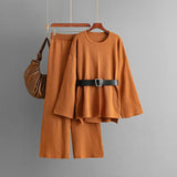 New knitted belt top loose high - waisted wide - leg pants two - piece set - Negative Apparel