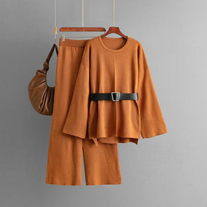 New knitted belt top loose high - waisted wide - leg pants two - piece set - Negative Apparel