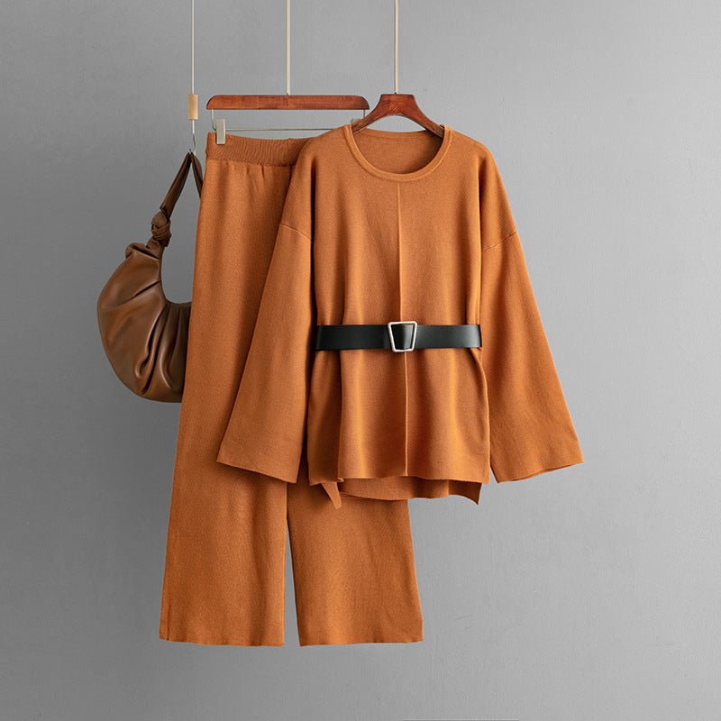 New knitted belt top loose high - waisted wide - leg pants two - piece set - Negative Apparel