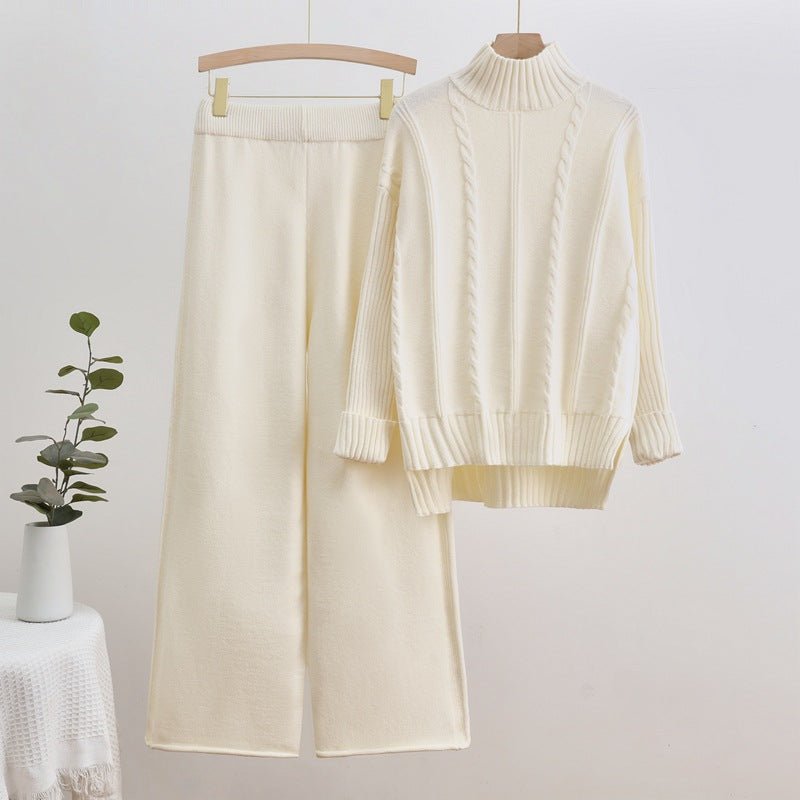 New knitted turtleneck sweater threaded craft fashion casual wide - leg pants two - piece trend suit - Negative Apparel