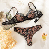 New lace stitching leopard print steel ring gathered French breathable bra set - Negative Apparel