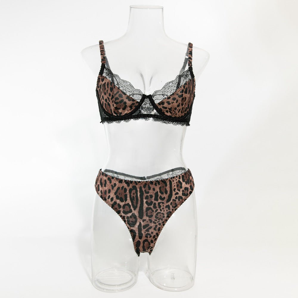 New lace stitching leopard print steel ring gathered French breathable bra set - Negative Apparel