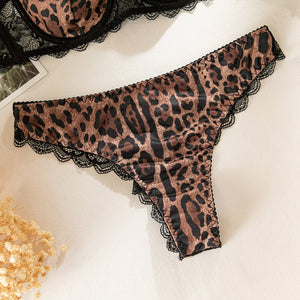 New lace stitching leopard print steel ring gathered French breathable bra set - Negative Apparel