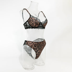 New lace stitching leopard print steel ring gathered French breathable bra set - Negative Apparel