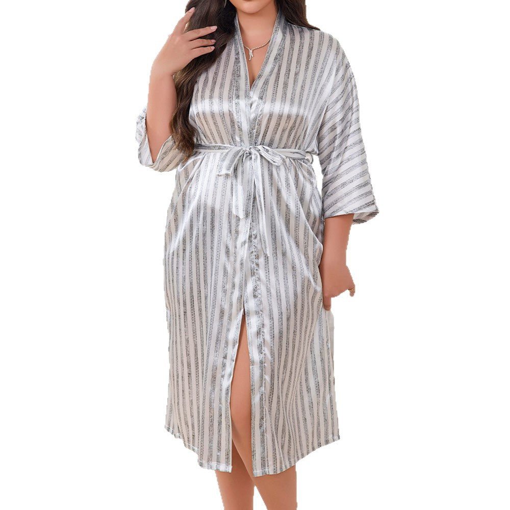 new large - size pajamas women's spring and summer ice silk long nightgown striped bathrobe loungewear 22356 - Negative Apparel