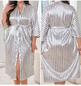new large - size pajamas women's spring and summer ice silk long nightgown striped bathrobe loungewear 22356 - Negative Apparel