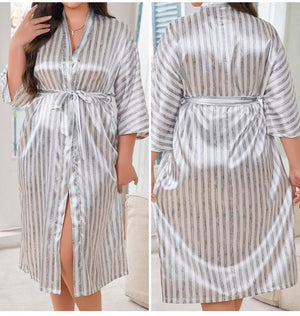 new large - size pajamas women's spring and summer ice silk long nightgown striped bathrobe loungewear 22356 - Negative Apparel