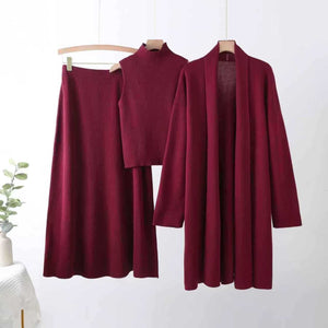 New lazy loose knitted set women's long shawl cardigan turtleneck sweater skirt three - piece set - Negative Apparel