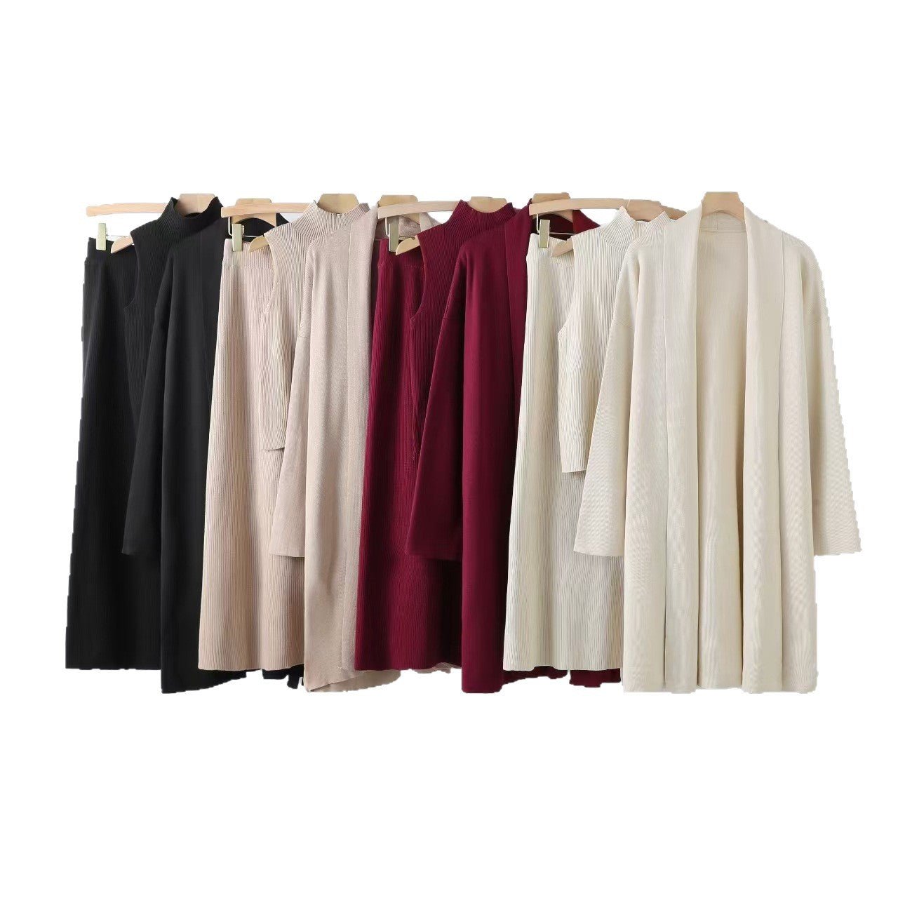 New lazy loose knitted set women's long shawl cardigan turtleneck sweater skirt three - piece set - Negative Apparel