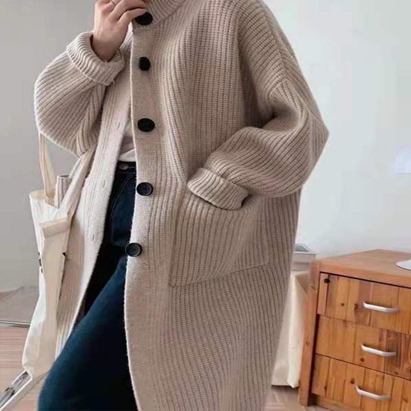 New lazy loose outerwearthickened stand collar knitted medium length cardigan - Negative Apparel