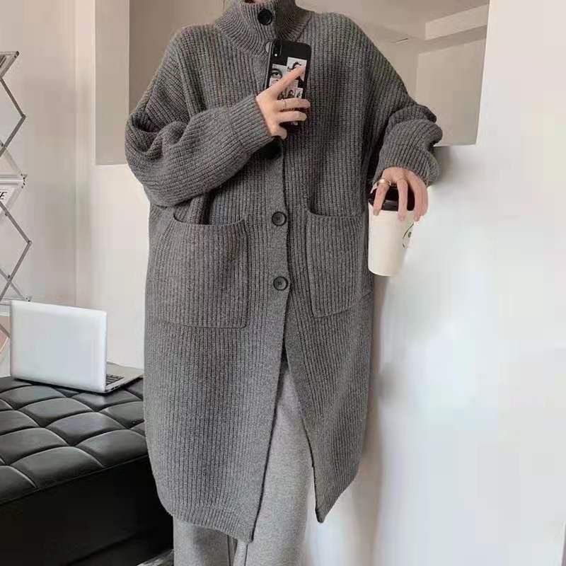 New lazy loose outerwearthickened stand collar knitted medium length cardigan - Negative Apparel