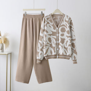 New leopard print cardigan knitted jacket sweater high waist pants two - piece set - Negative Apparel