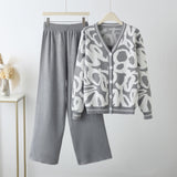 New leopard print cardigan knitted jacket sweater high waist pants two - piece set - Negative Apparel