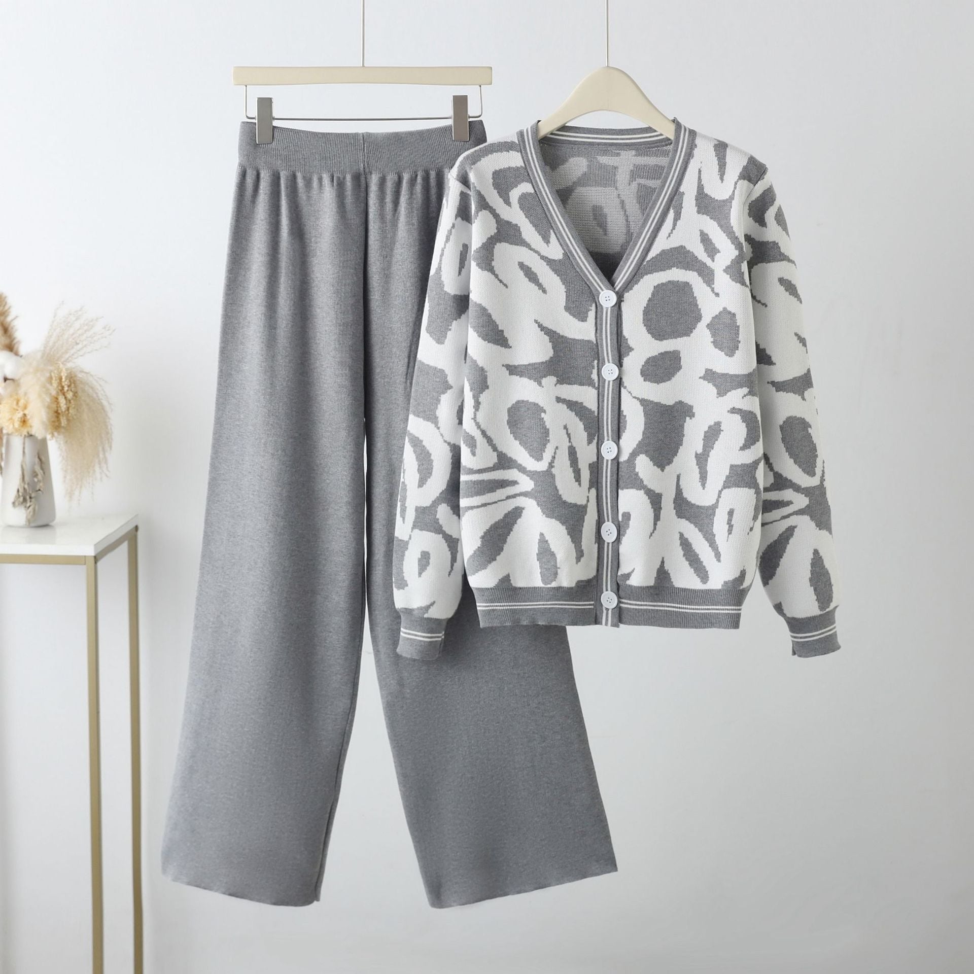 New leopard print cardigan knitted jacket sweater high waist pants two - piece set - Negative Apparel