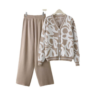 New leopard print cardigan knitted jacket sweater high waist pants two - piece set - Negative Apparel