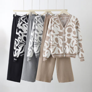 New leopard print cardigan knitted jacket sweater high waist pants two - piece set - Negative Apparel