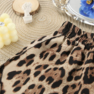 New leopard print loose long - sleeved underwear shorts three - piece set - Negative Apparel