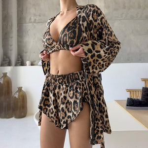 New leopard print loose long - sleeved underwear shorts three - piece set - Negative Apparel