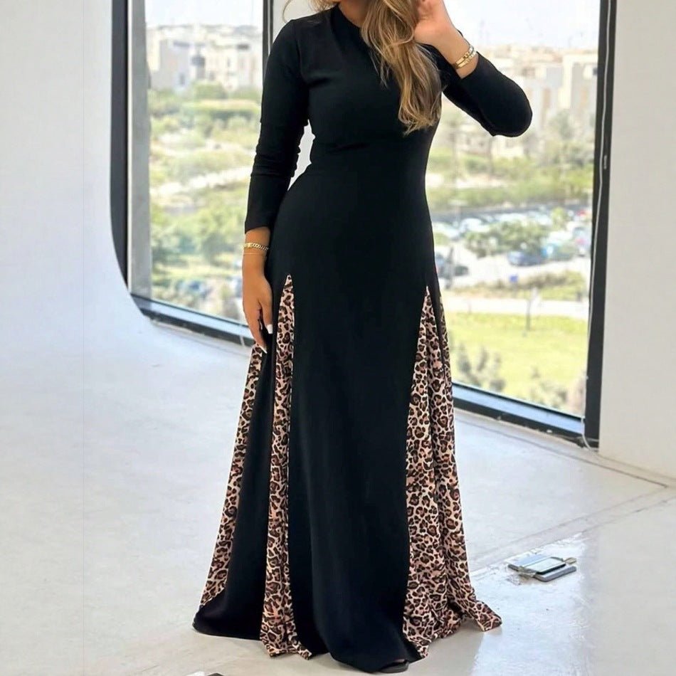 New leopard print splicing high - waisted long - sleeved dress round neck slim - fitting long dress - Negative Apparel