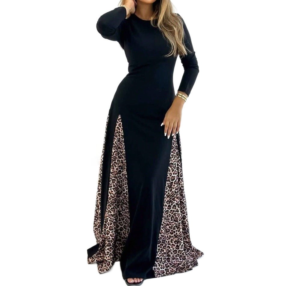 New leopard print splicing high - waisted long - sleeved dress round neck slim - fitting long dress - Negative Apparel
