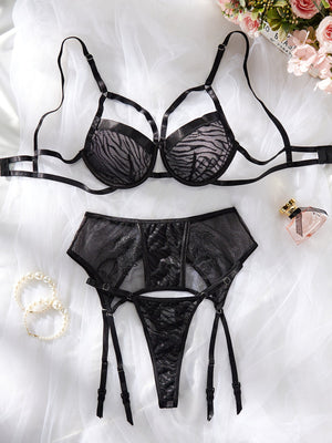 New lingerie fashion zebra pattern splicing embroidery mesh hollow three - piece set - Negative Apparel