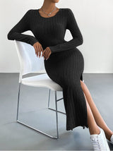 New long - sleeved round neck slit knitted long dress for women - Negative Apparel