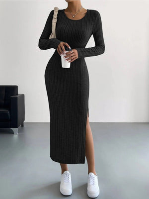 New long - sleeved round neck slit knitted long dress for women - Negative Apparel