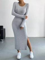 New long - sleeved round neck slit knitted long dress for women - Negative Apparel