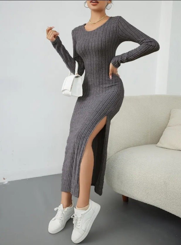 New long - sleeved round neck slit knitted long dress for women - Negative Apparel