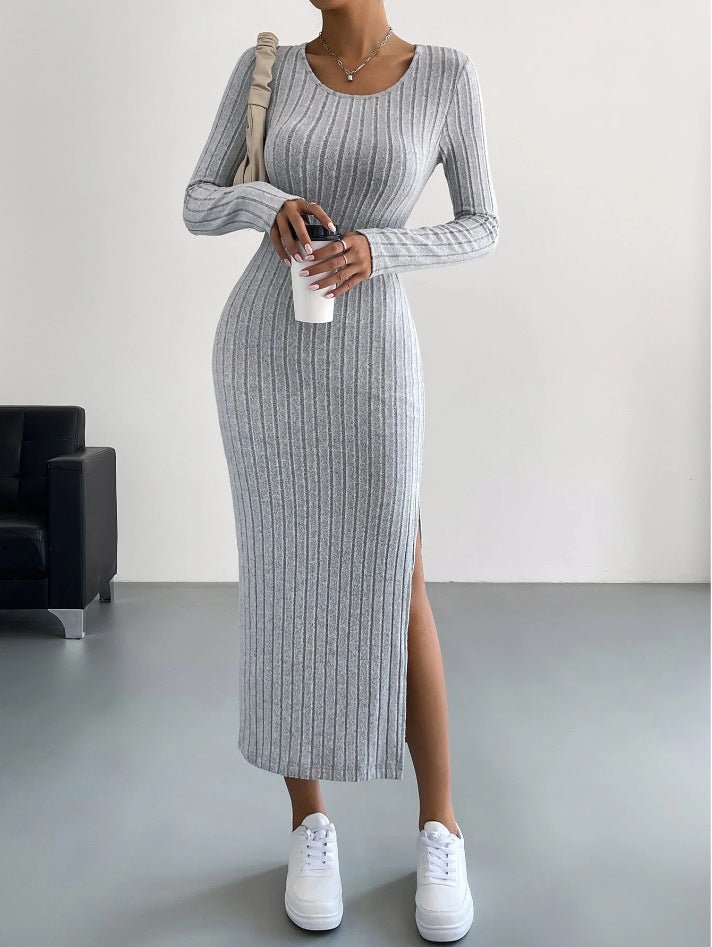 New long - sleeved round neck slit knitted long dress for women - Negative Apparel