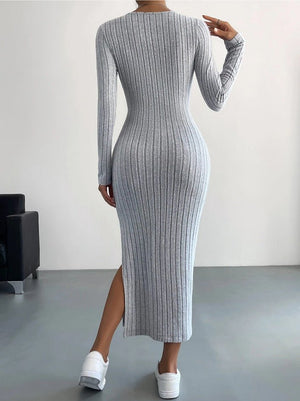 New long - sleeved round neck slit knitted long dress for women - Negative Apparel