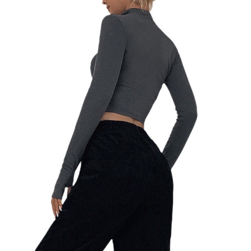 New long - sleeved zipper half - open collar exposed navel all - match slim T-shirt - Negative Apparel