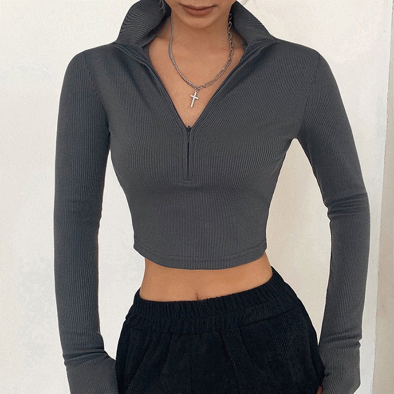 New long - sleeved zipper half - open collar exposed navel all - match slim T-shirt - Negative Apparel
