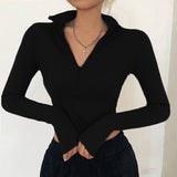 New long - sleeved zipper half - open collar exposed navel all - match slim T-shirt - Negative Apparel