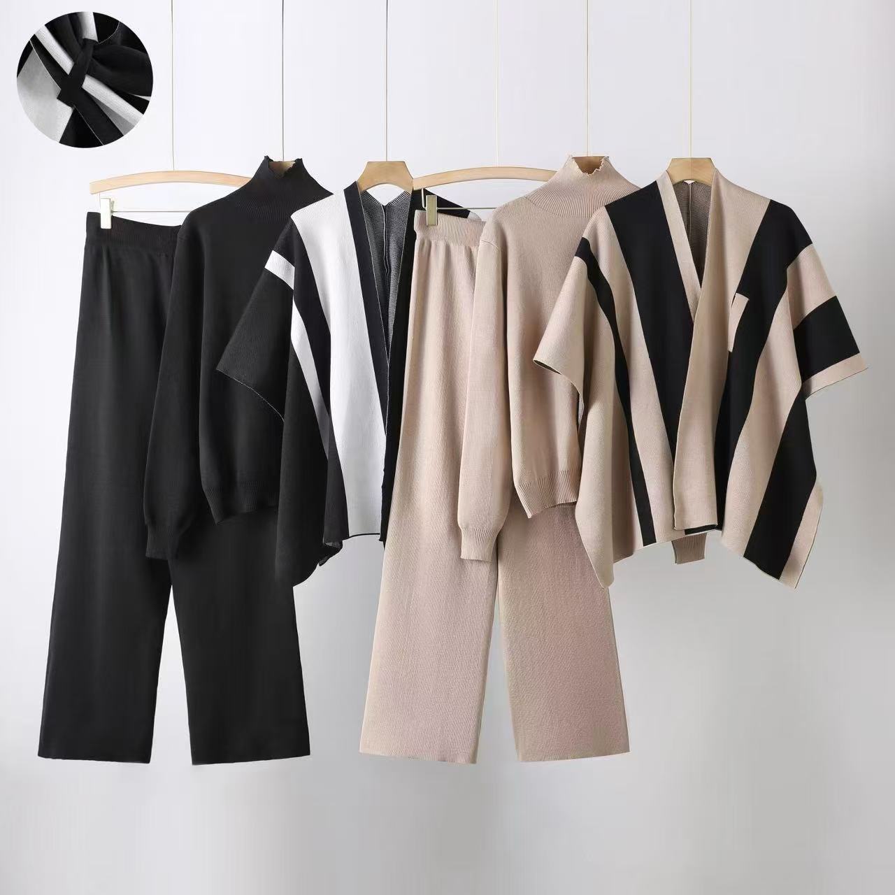 New loose pullover sweater with cape jacket and wide - leg pants three - piece set - Negative Apparel