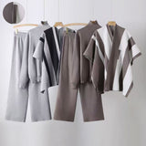 New loose pullover sweater with cape jacket and wide - leg pants three - piece set - Negative Apparel