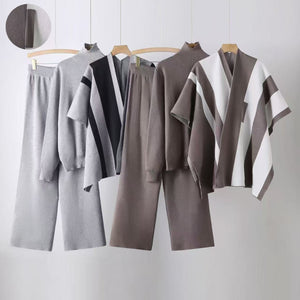 New loose pullover sweater with cape jacket and wide - leg pants three - piece set - Negative Apparel
