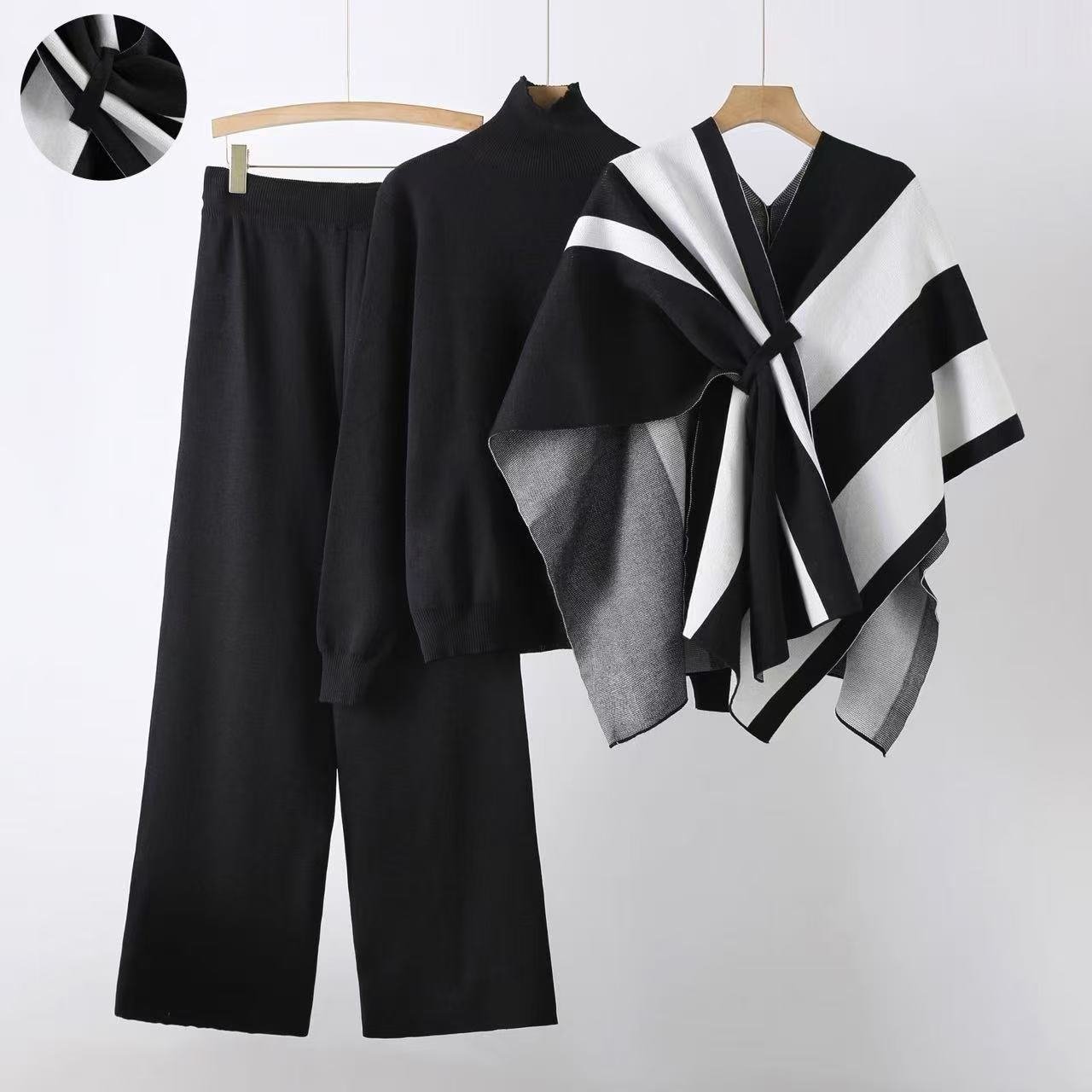 New loose pullover sweater with cape jacket and wide - leg pants three - piece set - Negative Apparel