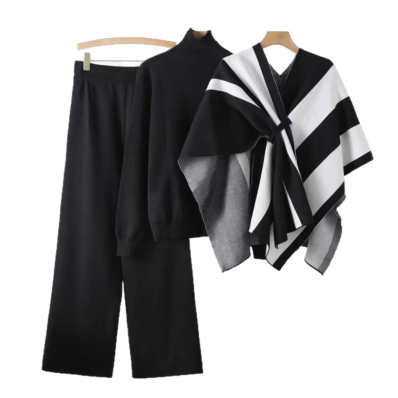 New loose pullover sweater with cape jacket and wide - leg pants three - piece set - Negative Apparel