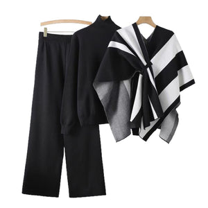 New loose pullover sweater with cape jacket and wide - leg pants three - piece set - Negative Apparel