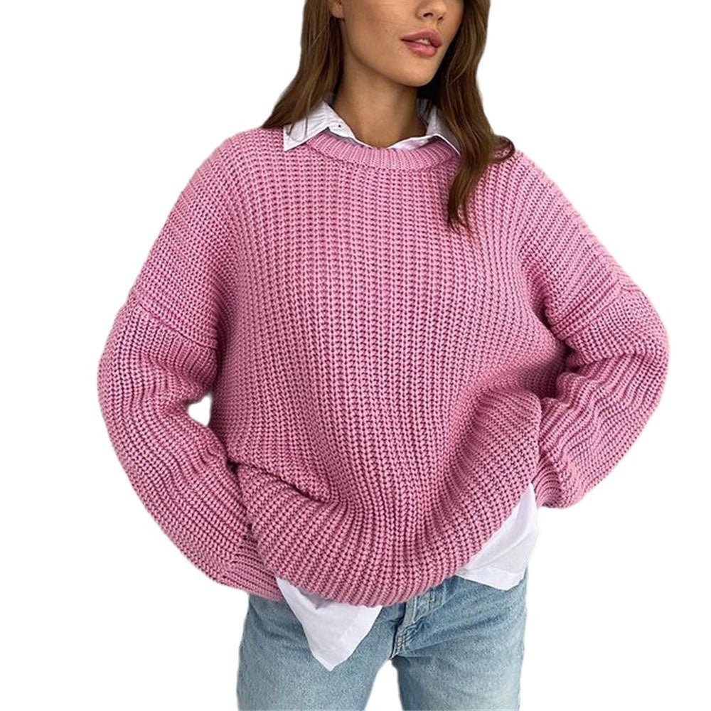 New loose round neck solid color long sleeve lazy style knitted sweater - Negative Apparel