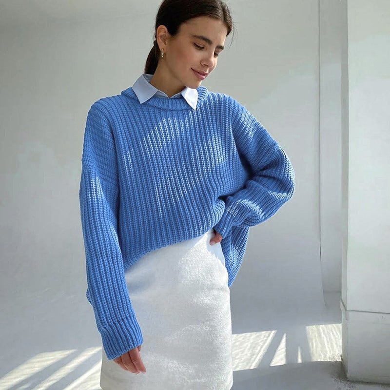 New loose round neck solid color long sleeve lazy style knitted sweater - Negative Apparel