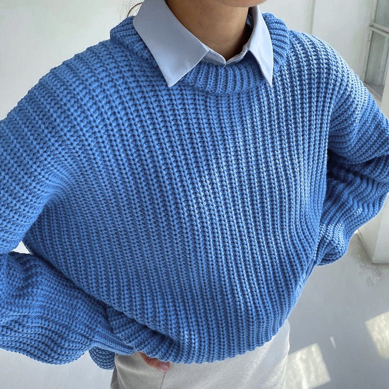 New loose round neck solid color long sleeve lazy style knitted sweater - Negative Apparel