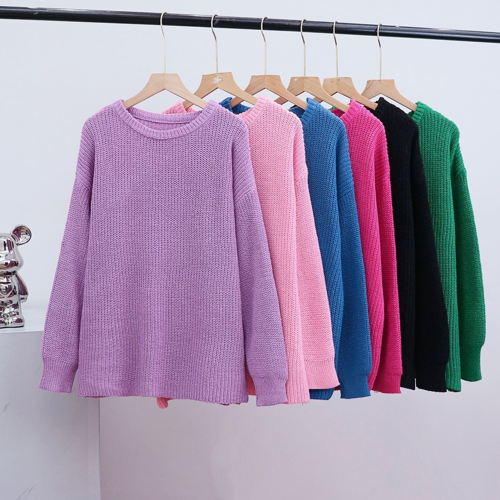 New loose round neck solid color long sleeve lazy style knitted sweater - Negative Apparel