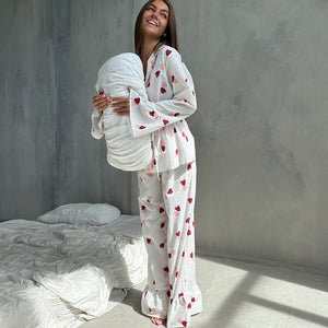 New love print long - sleeved trousers pure cotton pajamas women loose and comfortable loungewear - Negative Apparel