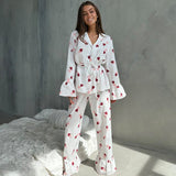 New love print long - sleeved trousers pure cotton pajamas women loose and comfortable loungewear - Negative Apparel